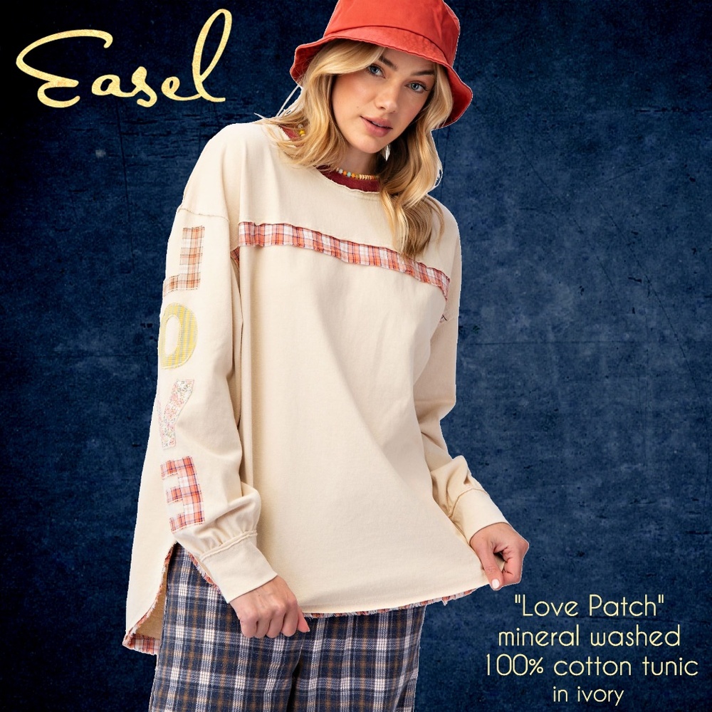 EASEL “Love Patch” Cotton Mineral Washed Top Raised Embroidery Details Raw Edges